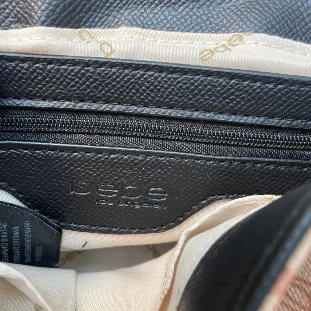 Bebe Monogram Crossbody Bag Tan‎ Black Gold Chain Strap Logo Shoulder Bag NEW